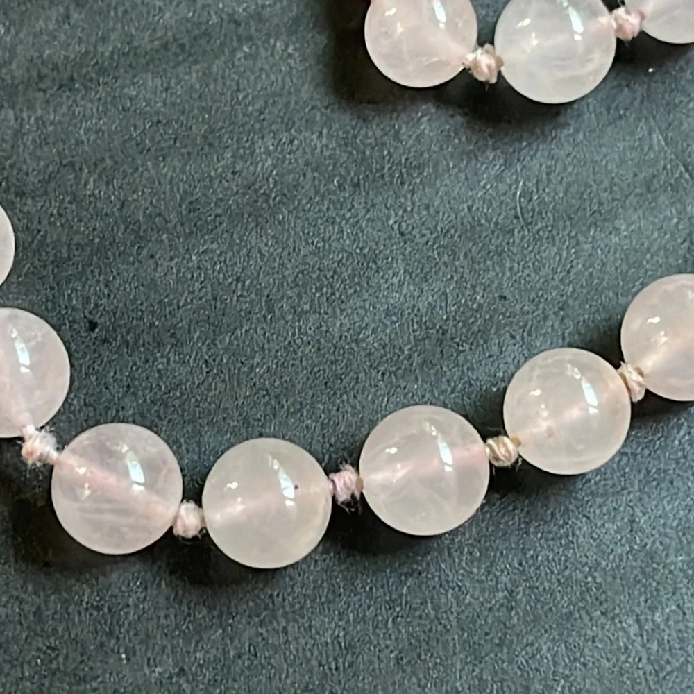 Pink Rose Quartz Beaded Necklace w Cloisonne & Aurora Borealis Accent Be…